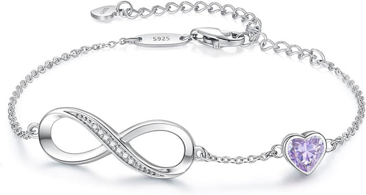 CDE Infinity Heart Birthstone Charm Link Bracelet for Women 925 Sterling Silver Adjustable Mother's Day Christmas Day Gift Anniversary Birthday Jewelry for Wife Girlfriend Her
