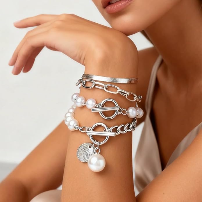 14K Gold OT Buckle Coin Pearl Paperclip Stacked Bracelet Set for Women, Statement Snake Pearl Paper Clip Bracelets Stack Dainty Prom Party Jewelry Gift