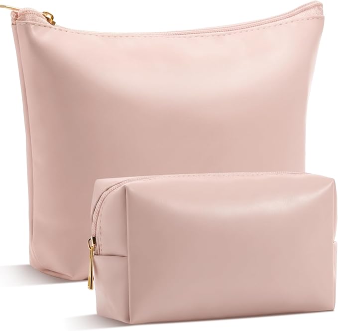Kigeli 2 Pcs PU Leather Makeup Bag Set for Women Aesthetic Cosmetic Bag Small Toiletry Travel Pouch for Purse Emergency Skincare Organizer Valentine Gifts for Bridesmaid Birthday(Pink)