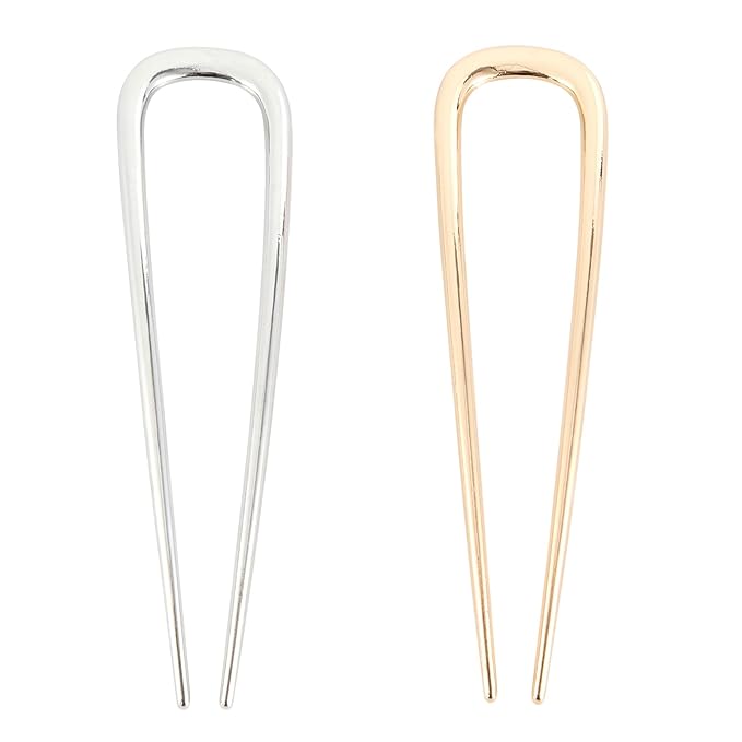 2Pcs French Hair Pins for Thick Hair, Metal French Twis Hair Pins for Women Girls, U-Shaped French Pin for Buns, 5.1 Inches Large French Pins (Silver, Gold)