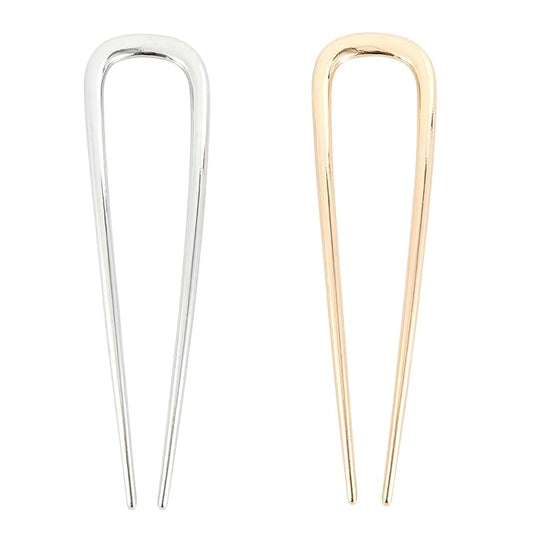 2Pcs French Hair Pins for Thick Hair, Metal French Twis Hair Pins for Women Girls, U-Shaped French Pin for Buns, 5.1 Inches Large French Pins (Silver, Gold)