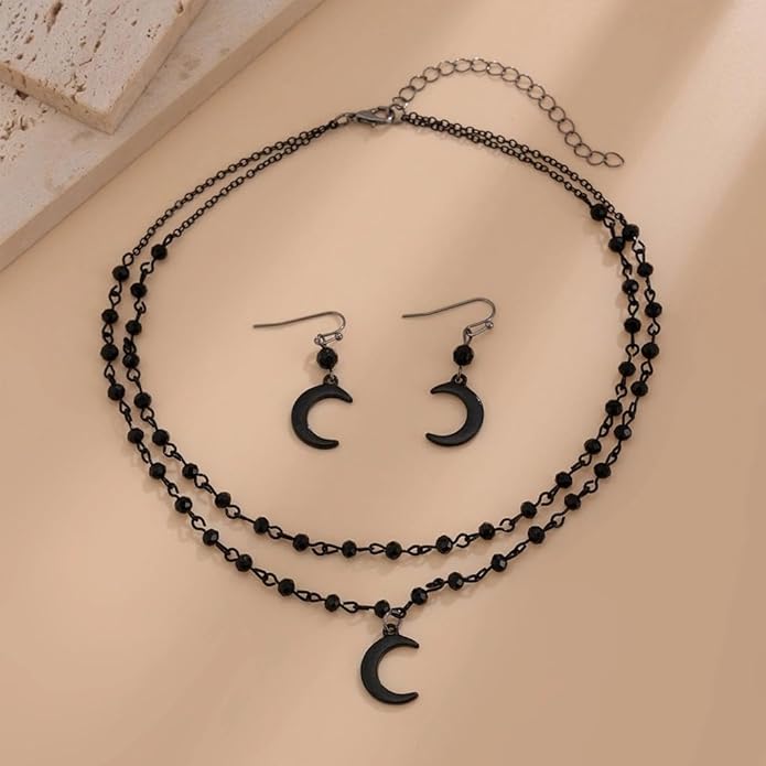 Vintage Black Beaded Choker Necklace Earring Set for Women,Gothic Dark Moon Statement Dangling Earring,Trendy Halloween Party Vampire Jewelry Accessories Gifts
