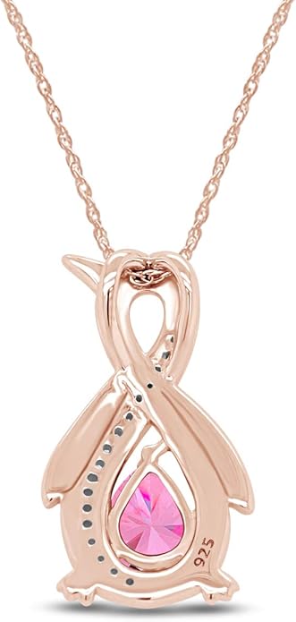 Infinity Penguin Pendant Necklace for Women, 14K Gold Over Sterling Silver with Pear & Round Cut Simulated Birthstone & White Diamond Accents, Dainty Animal Jewelry Gift with 18" Chain