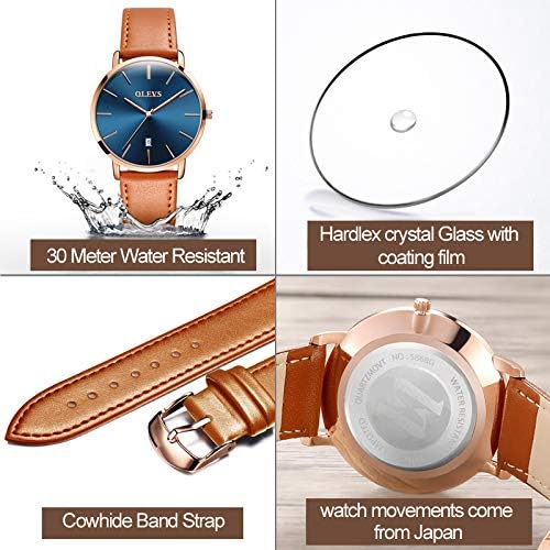 OLEVS Mens Watches Minimalist Ultra Thin Fashion Casual Analog Quartz Date Watch Waterproof Slim Simple Big Face Dress Wrist Watch Leather Band for Men