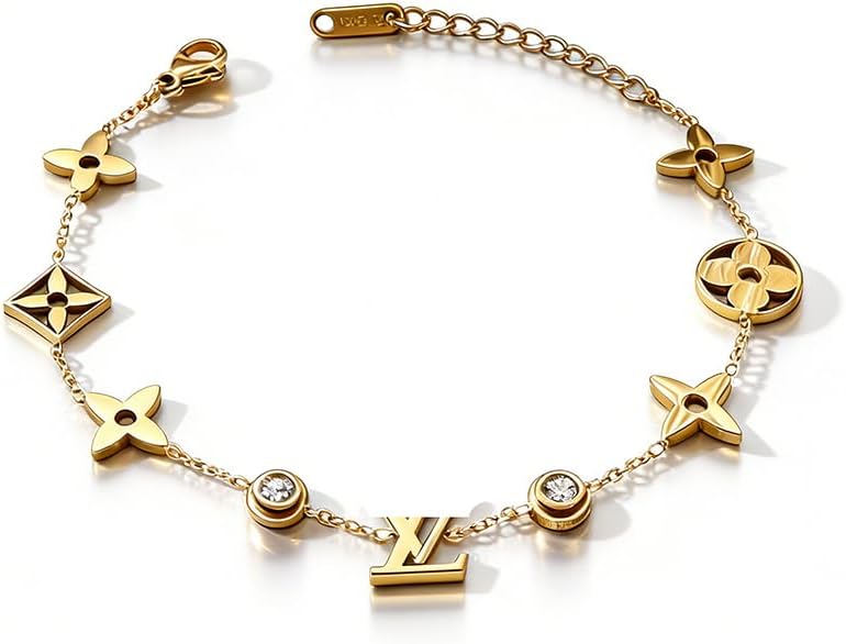Gold Chain Bracelet with Crystal Accents, Luxury Logo Design, Fashion Jewelry for Women and Men