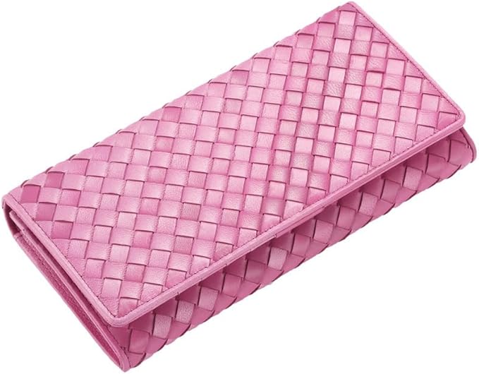 Women's Fashion Knitted Long Wallet Genuine Leather Multi-Functional Handbag (Rose pink)