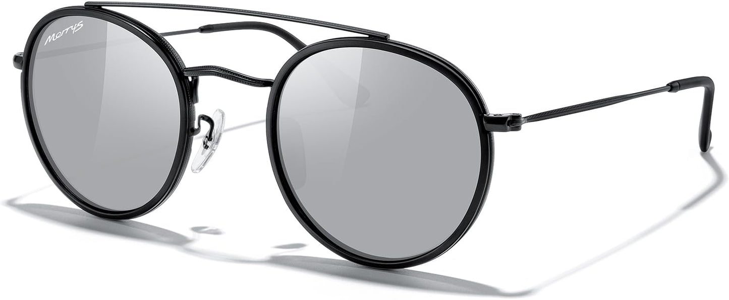 MERRY'S Retro Round Polarized Sunglasses - Unisex Double Bridge Sun Glasses