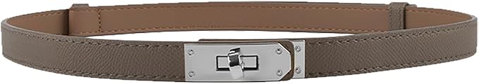 Women's Skinny Leather Belt with Adjustable Silver Turn-Lock Buckle - Ideal for Dresses, Jeans, and Coats, Black