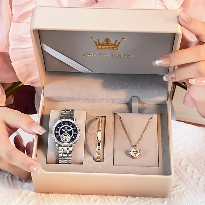 OLEVS Women’s Watch Automatic Diamond Tourbillon Luxury Fashion Stainless Steel Waterproof Luminous Wrist Watches for Ladies Gift Rose Gold/Starry Sky Blue/Silver