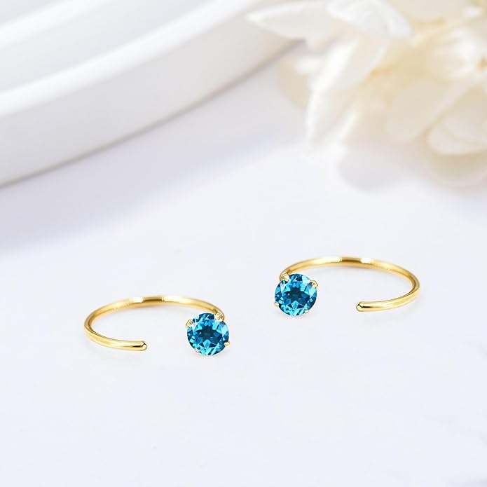 14K Gold Birthstone Huggie Half Hoop Earrings for Women,Round-cut Created Gemstone Minimalist Tiny Earring(4MM*2) Anniversary Birthday Mother's Day Jewelry for Mom Her