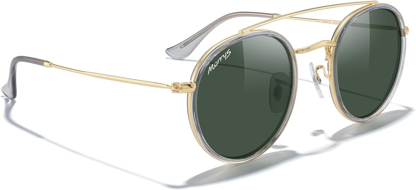 MERRY'S Retro Round Polarized Sunglasses - Unisex Double Bridge Sun Glasses