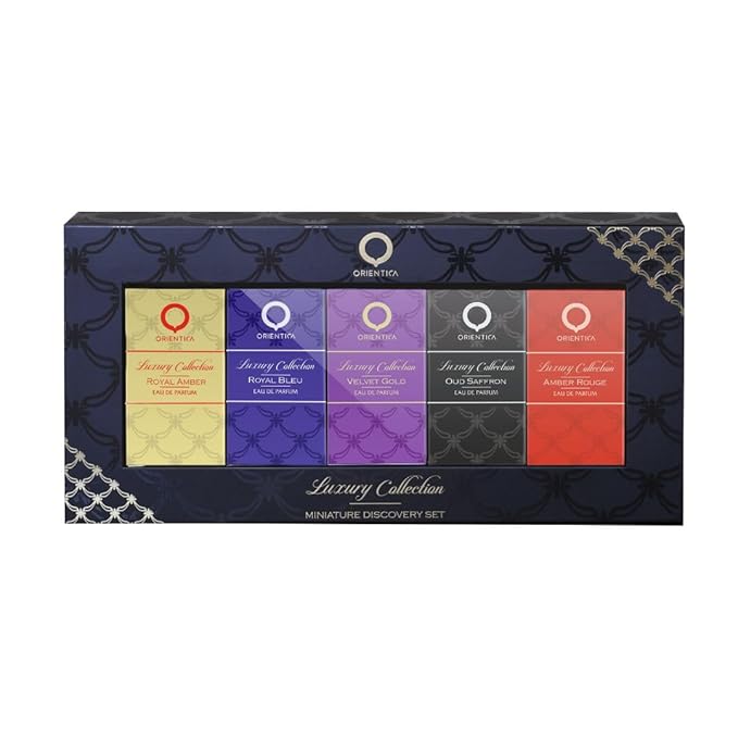 Orientica Luxury Collection Miniature Dicsovery Set Eau De Parfum - Amber Rouge, Royal Amber, Oud Saffron, Velvet Gold & Royal Bleu - Arabic Perfume for Men & Women - 5 x 7.5ml