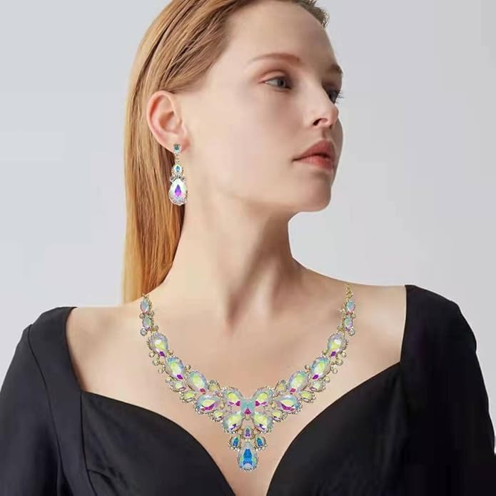 Women's Wedding Bridal Austrian Crystal Glass Teardrop Statement Necklace Dangle Earrings Bracelet Ring Wedding Party Jewelry Set for Bridal Bridesmaid
