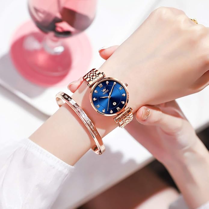 OLEVS Women Watches Simple Dress Ladies Watch Rose Gold Stainless Steel Watch Waterproof Quartz Date Luxury Diamond Small Wristwatch Fashion Analog Female Reloj Mujer Blue White Green Red Yellow Face