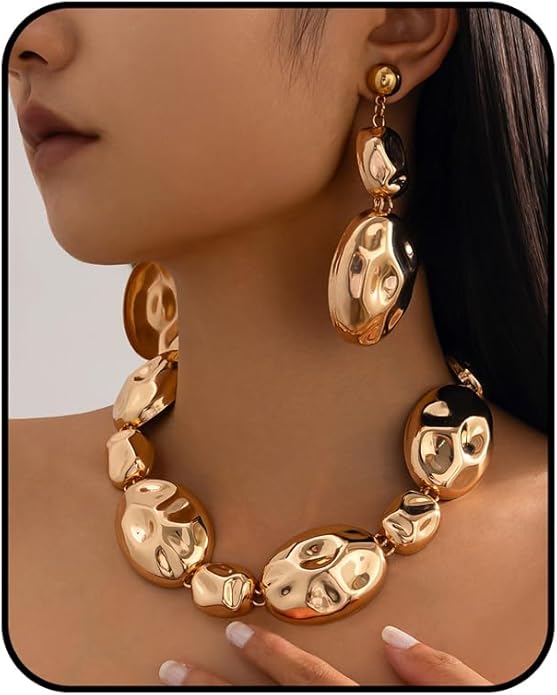 Gold Statement Necklace and Earring Set,Hammered Long Big Pendant Chunky Necklaces and Earrings Extra Large Long Accessories for Women Trendy Jewelry Set Gifts