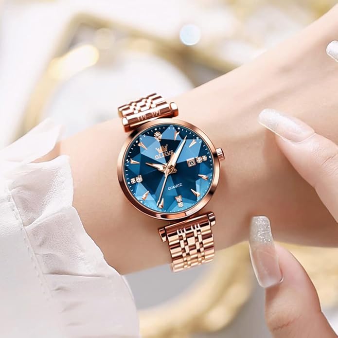 OLEVS Women Watches Simple Dress Ladies Watch Rose Gold Stainless Steel Watch Waterproof Quartz Date Luxury Diamond Small Wristwatch Fashion Analog Female Reloj Mujer Blue White Green Red Yellow Face