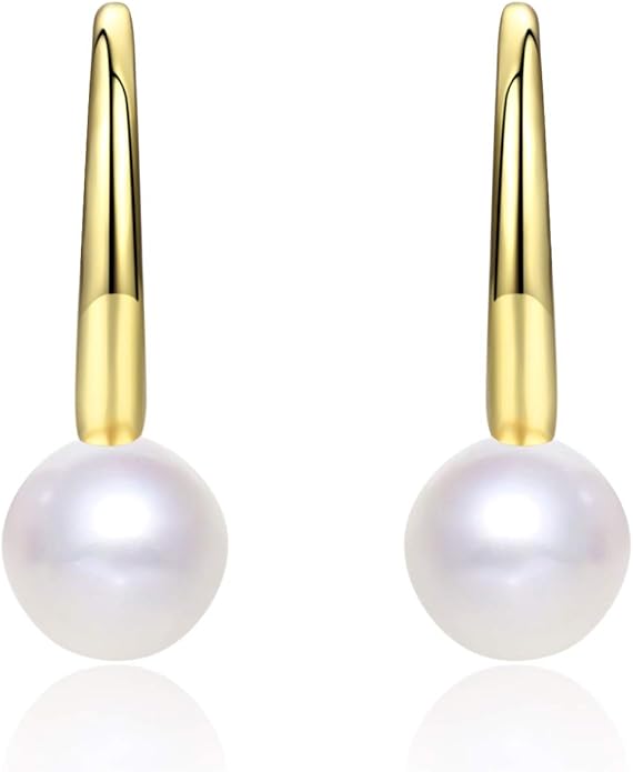 CHAULRI Minimalist Modern Sleek Cultured White Pearl Earrings 8-9mm Gold Plated Sterling Silver - Jewelry Gifts for Women