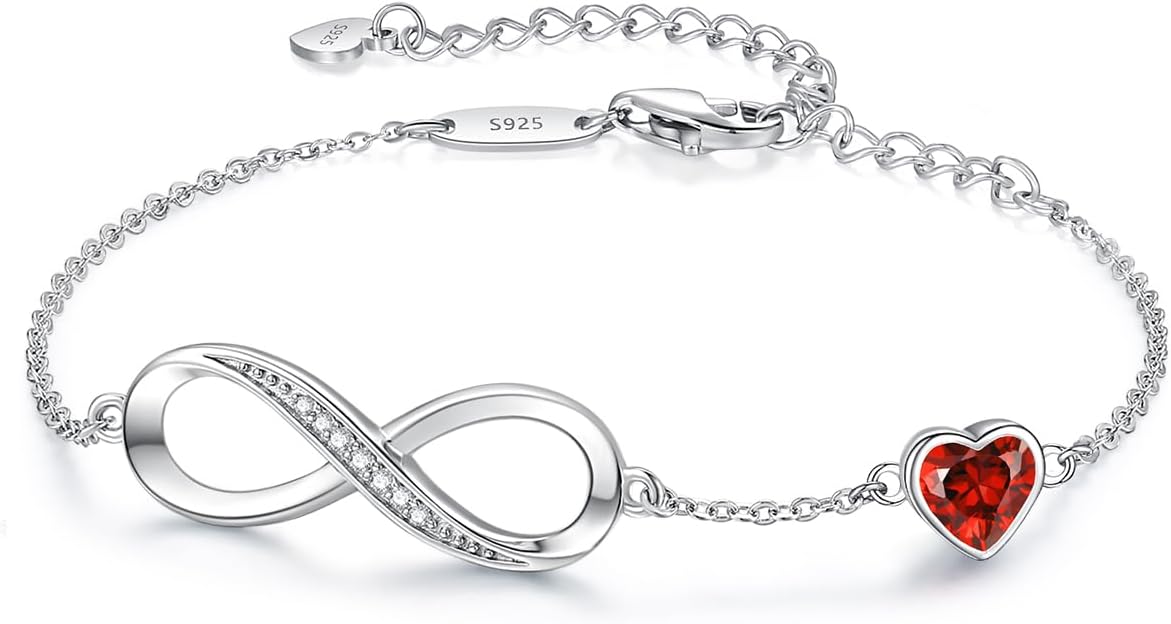 CDE Infinity Heart Birthstone Charm Link Bracelet for Women 925 Sterling Silver Adjustable Mother's Day Christmas Day Gift Anniversary Birthday Jewelry for Wife Girlfriend Her