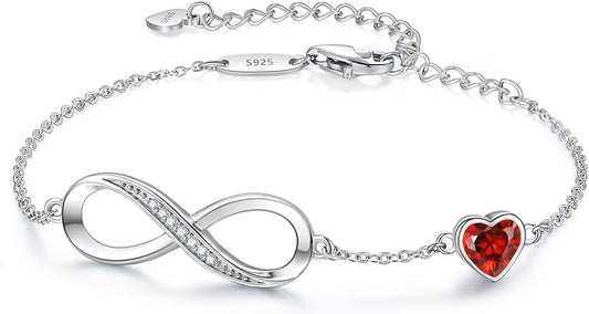 CDE Infinity Heart Birthstone Charm Link Bracelet for Women 925 Sterling Silver Adjustable Mother's Day Christmas Day Gift Anniversary Birthday Jewelry for Wife Girlfriend Her
