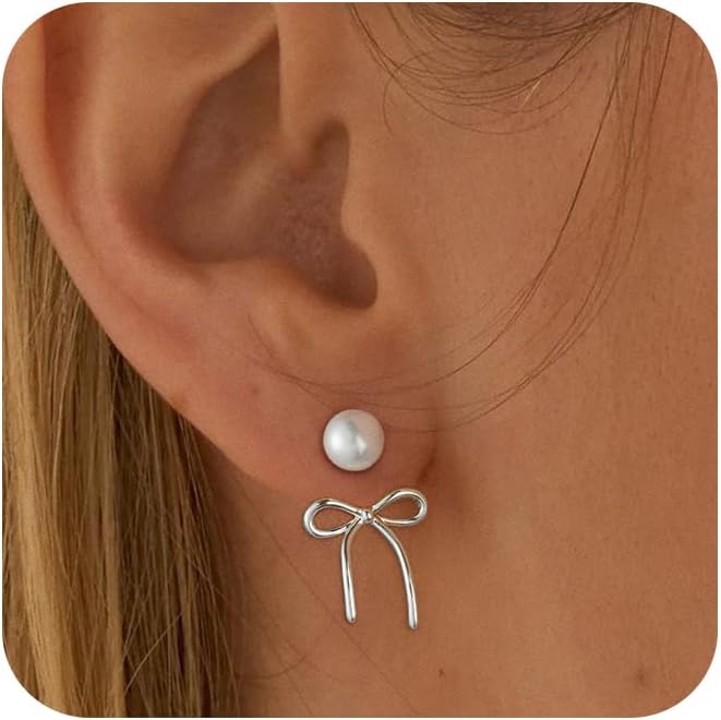ASCOMY Gold Stud Earrings for Women - Dainty Bow 14K Gold/Silver Plated Pearl Earrings - Trendy Cute Ribbon Minimalist Jewelry Gifts for Her