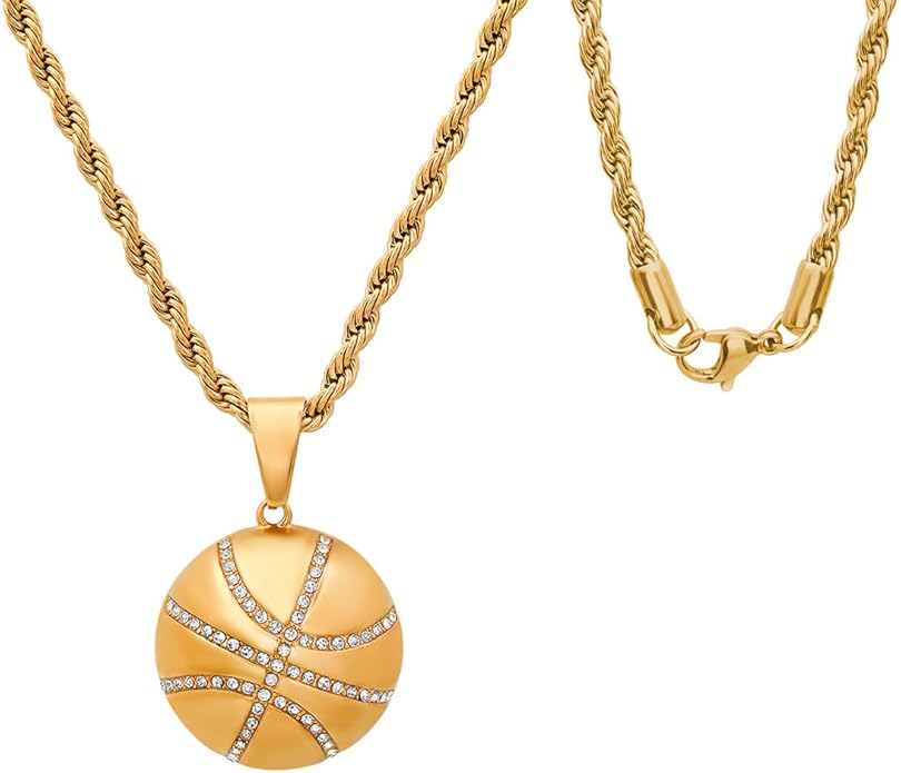 Basketball Necklace - 18K Plated Basketball Chain with Hoop for Men, Women, Teens - Gold, Silver & Black Color Options - Stainless Steel Sports Pendant with Simulated Diamond CZ Stones