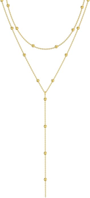 Foxgirl Lariat Gold Necklace for Women, Dainty Long Necklace 14k Gold Plated/Silver Y-Shaped Pendant Necklace Trendy Layered Cz Beaded Chain Drop Necklaces Simple Gold Jewelry For Women Gift