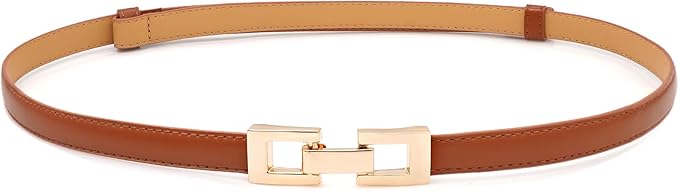 Women Skinny Belts, Thin Genuine Leather Waist Belts with Gold Buckle for Dresses