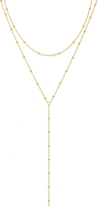 Foxgirl Lariat Gold Necklace for Women, Dainty Long Necklace 14k Gold Plated/Silver Y-Shaped Pendant Necklace Trendy Layered Cz Beaded Chain Drop Necklaces Simple Gold Jewelry For Women Gift