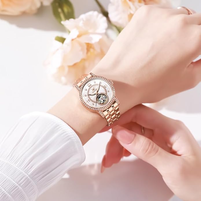 OLEVS Women’s Watch Automatic Diamond Tourbillon Luxury Fashion Stainless Steel Waterproof Luminous Wrist Watches for Ladies Gift Rose Gold/Starry Sky Blue/Silver