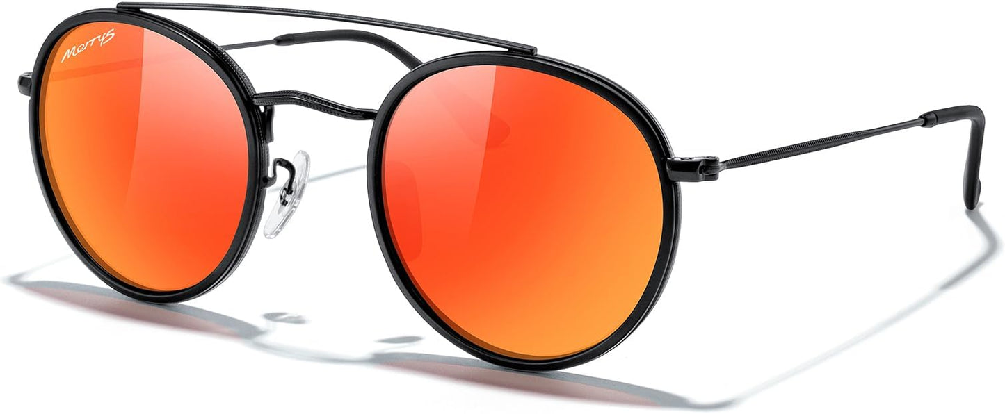 MERRY'S Retro Round Polarized Sunglasses - Unisex Double Bridge Sun Glasses