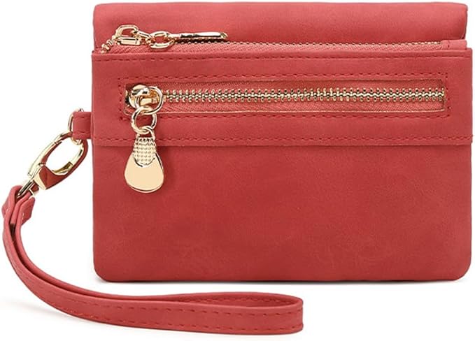 Women's Vintage Genuine Leather Handbag Wallet Dark Billfold Purse with Snap Closure for Daily Essentials (Red)