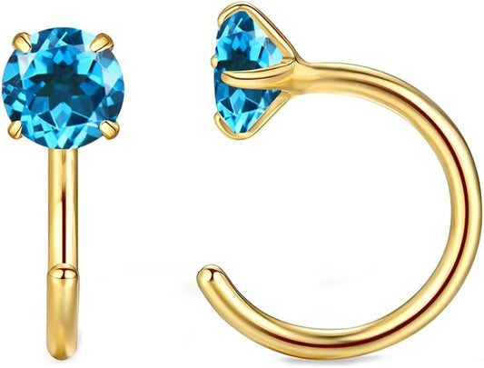 14K Gold Birthstone Huggie Half Hoop Earrings for Women,Round-cut Created Gemstone Minimalist Tiny Earring(4MM*2) Anniversary Birthday Mother's Day Jewelry for Mom Her