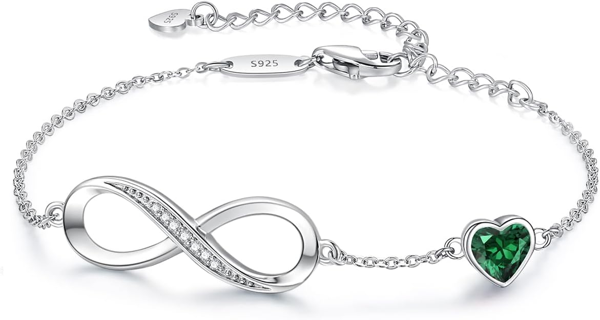 CDE Infinity Heart Birthstone Charm Link Bracelet for Women 925 Sterling Silver Adjustable Mother's Day Christmas Day Gift Anniversary Birthday Jewelry for Wife Girlfriend Her
