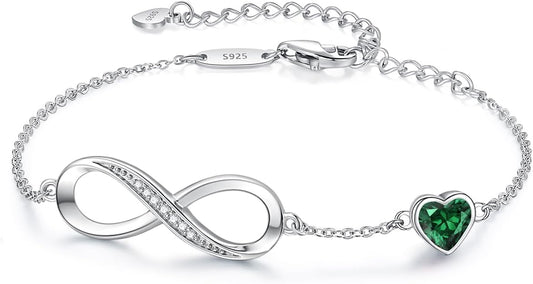 CDE Infinity Heart Birthstone Charm Link Bracelet for Women 925 Sterling Silver Adjustable Mother's Day Christmas Day Gift Anniversary Birthday Jewelry for Wife Girlfriend Her