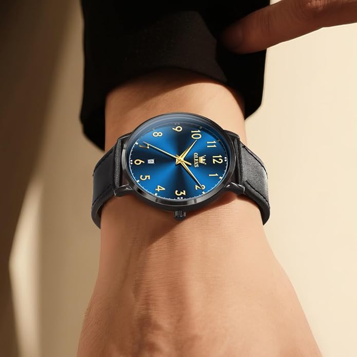 OLEVS Mens Watches, Casual Leather Watches for Men Easy to Read Quartz Number Watch with Date Waterproof Blue/Black/Silver Face Men's Wrist Watches…