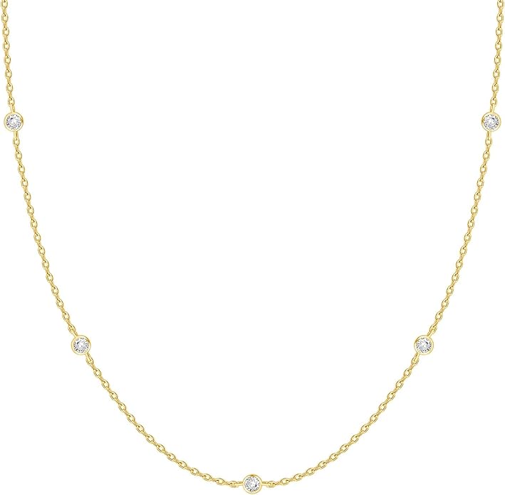 PAVOI 14K Gold Plated Station Necklace - Simulated Diamond Layering Necklaces - Womens CZ Chain