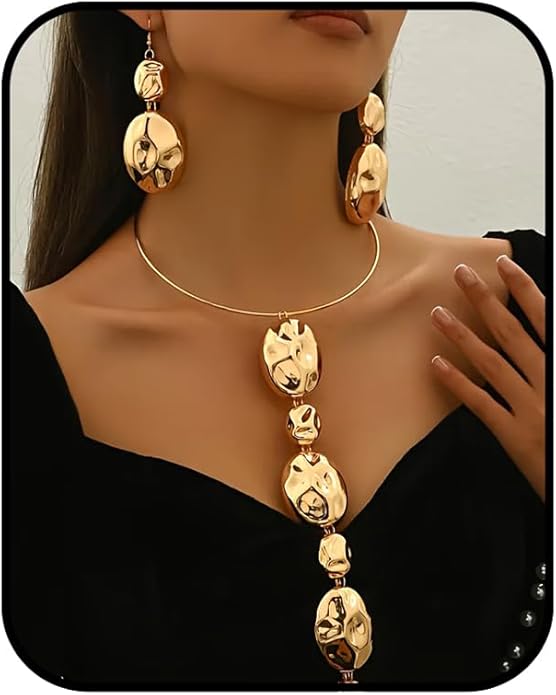Gold Statement Necklace and Earring Set,Hammered Long Big Pendant Chunky Necklaces and Earrings Extra Large Long Accessories for Women Trendy Jewelry Set Gifts
