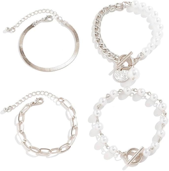 14K Gold OT Buckle Coin Pearl Paperclip Stacked Bracelet Set for Women, Statement Snake Pearl Paper Clip Bracelets Stack Dainty Prom Party Jewelry Gift