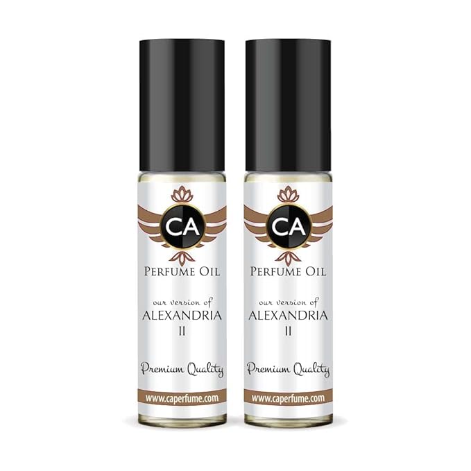 CA Perfume Impression of Alexandria II Unisex Eau De Parfum Amber Woody Scent Long Lasting Unisex Fragrance Travel Size TSA Ready for Day and Night Wear 0.33 Fl Oz 10ml (Pack of 2)