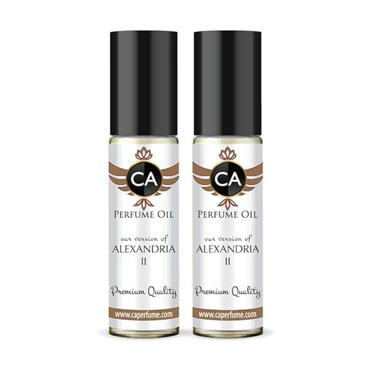 CA Perfume Impression of Alexandria II Unisex Eau De Parfum Amber Woody Scent Long Lasting Unisex Fragrance Travel Size TSA Ready for Day and Night Wear 0.33 Fl Oz 10ml (Pack of 2)