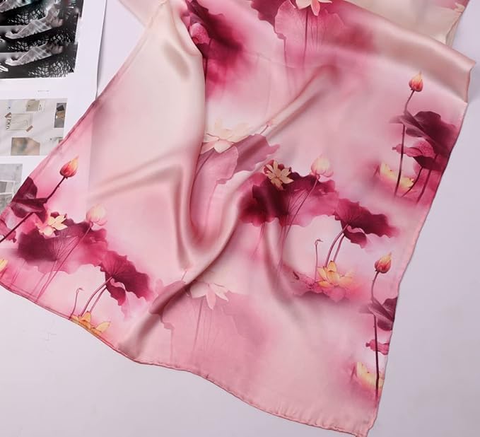 100% Mulberry Silk Scarfs for Women Floral Print Satin Long Scarf for Headscarf Hair Wraps Shawl with Gift Packed
