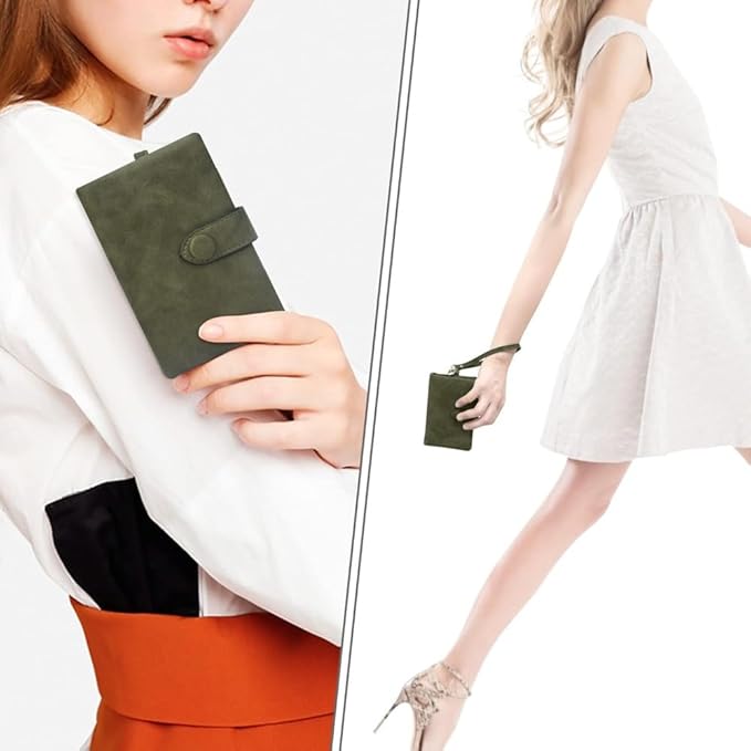 Women's Leather Wristlet Wallet, Bifold RFID Purse with ID Window, Zipper Coin Pocket for Daily Essentials (Olive green)
