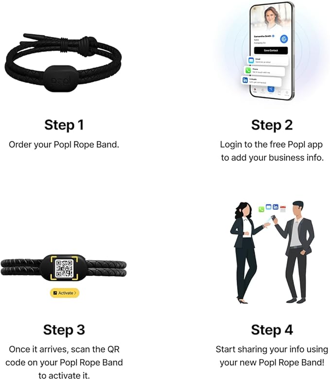 Popl Rope Band - Digital Business Card Bracelet Wearable - Tap to Share NFC & QR Code - Compatible with iPhone & Android (White)