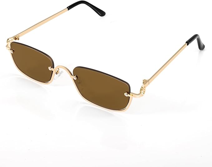 Retro Y2k Sunglasses for Women Men,Trendy Semi-Rimless Sun Glasses Irregular Narrow Gold Sunnies UV400