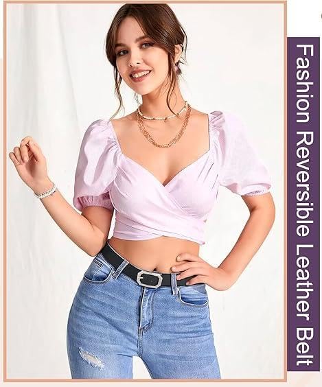 Reversible 1.3" Leather Belt for Women - Vintage Silver Buckle Fashion Belt for Jeans and Dresses