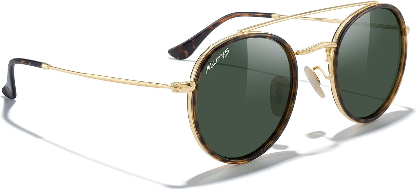 MERRY'S Retro Round Polarized Sunglasses - Unisex Double Bridge Sun Glasses