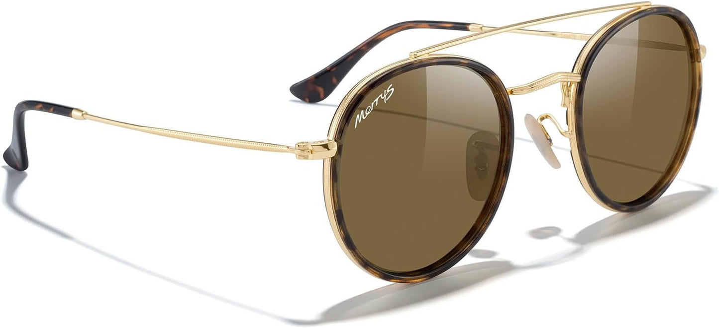MERRY'S Retro Round Polarized Sunglasses - Unisex Double Bridge Sun Glasses