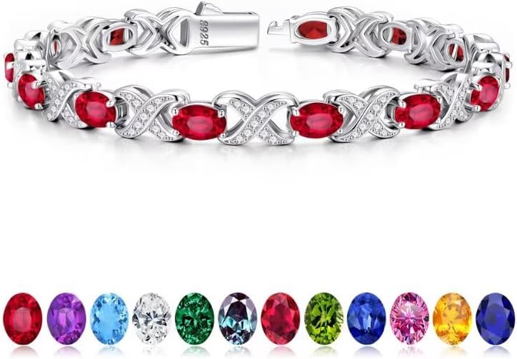 Iefil Oval Birthstone Tennis Bracelets for Women Wife, Unique X O Design Fine Jewelry Valentine's Day Gift Anniversary Birthday Gift 925 Sterling Silver Birthstone Jewelry for Mom Girlfriend Her