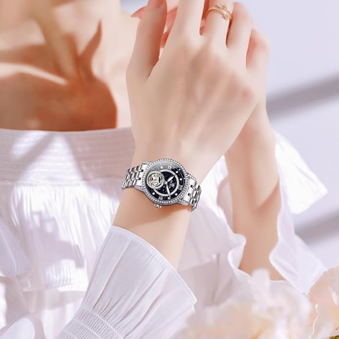 OLEVS Women’s Watch Automatic Diamond Tourbillon Luxury Fashion Stainless Steel Waterproof Luminous Wrist Watches for Ladies Gift Rose Gold/Starry Sky Blue/Silver
