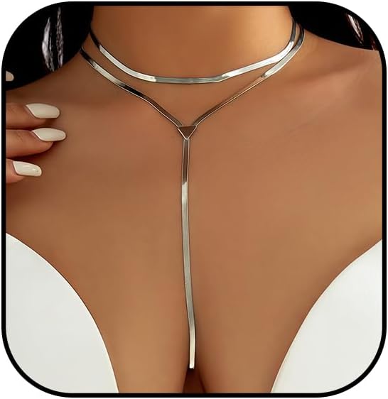 Atiptu Chunky Gold Choker Necklace for Women Silver Statement Y Necklace Long Herringbone Snake Chain Lariat Necklaces Prom Body Jewelry Accessories Gifts